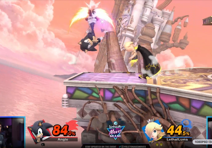 A screenshot of an ongoing Smash tournament, with Angie playing Sonic vs LethalLuma playing Rosaline, with the appropriate costumes for Dark Jimbo and Cosmic Love in CPU Kerfuffle.